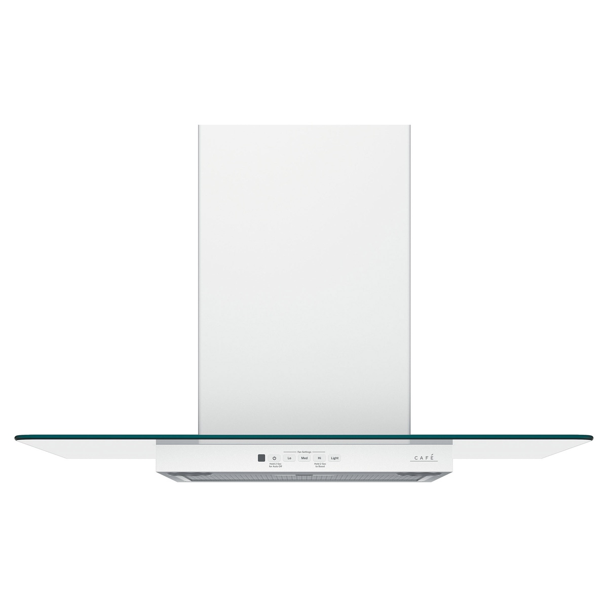 Front view of Café matte white wall-mount range hood with glass canopy and chimney.