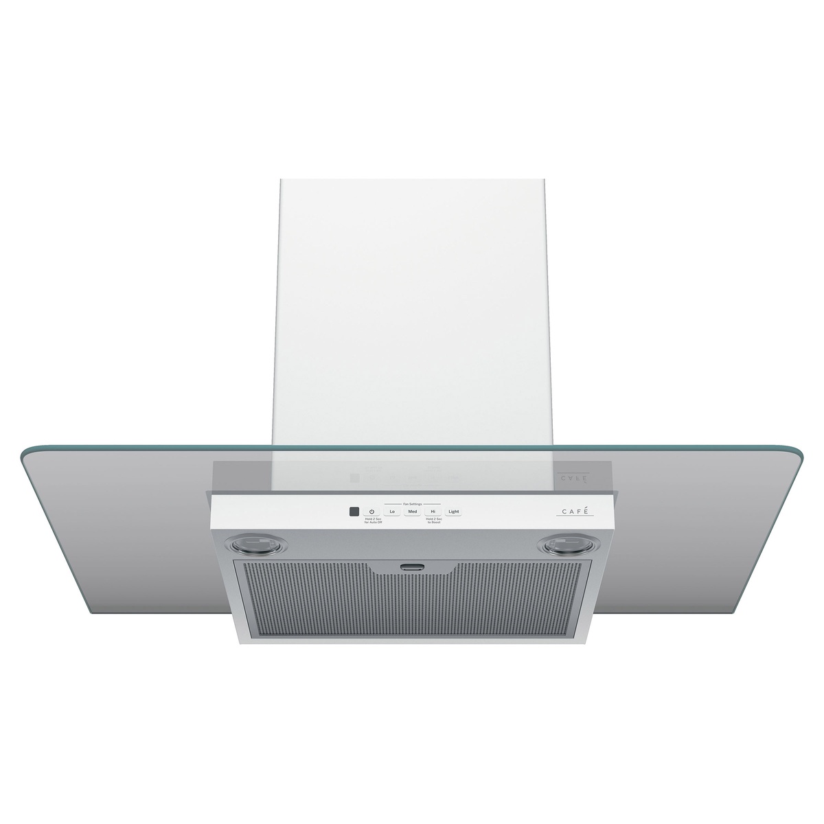 Bottom view showing dual halogen lights and mesh grease filter on the range hood.