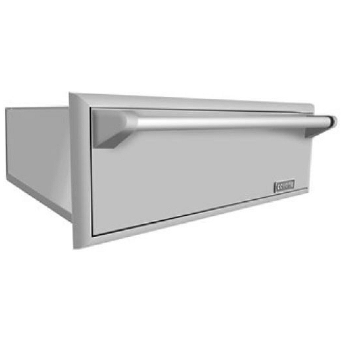 Angled view of Coyote stainless steel warming drawer showing pro-style handle and trim.