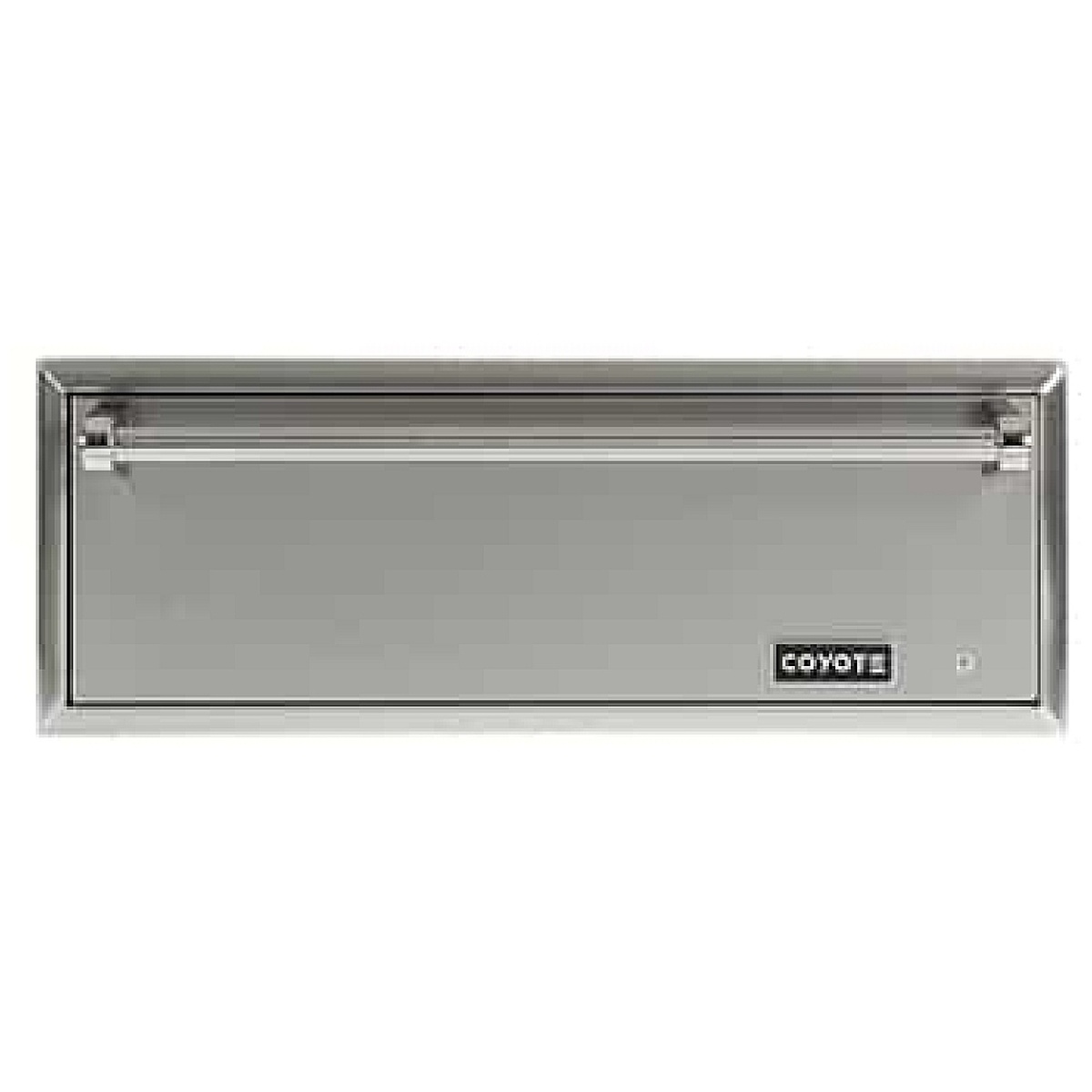 Front view of Coyote warming drawer with flat stainless panel and logo badge.