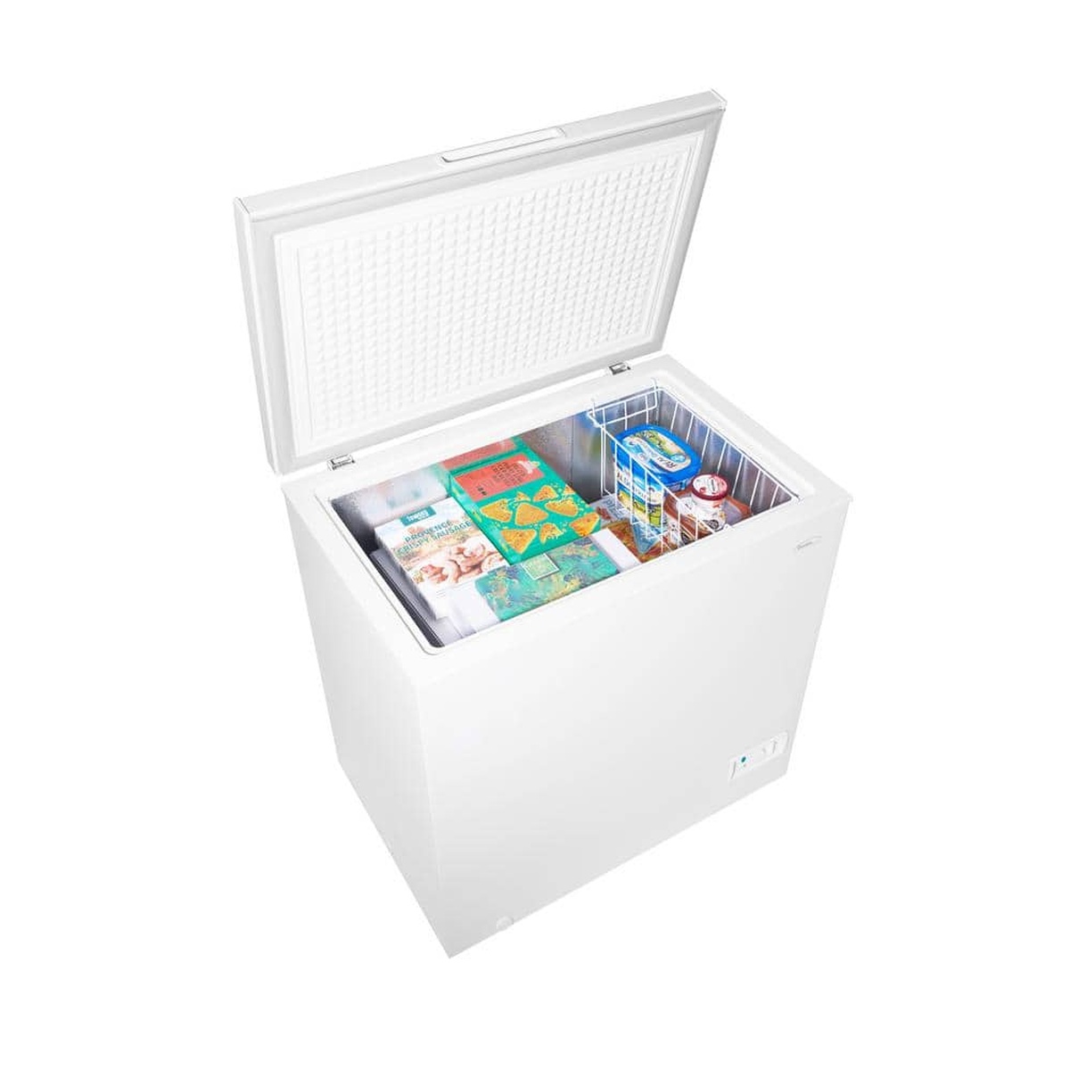 Open chest freezer loaded with frozen foods, showing a removable wire basket.