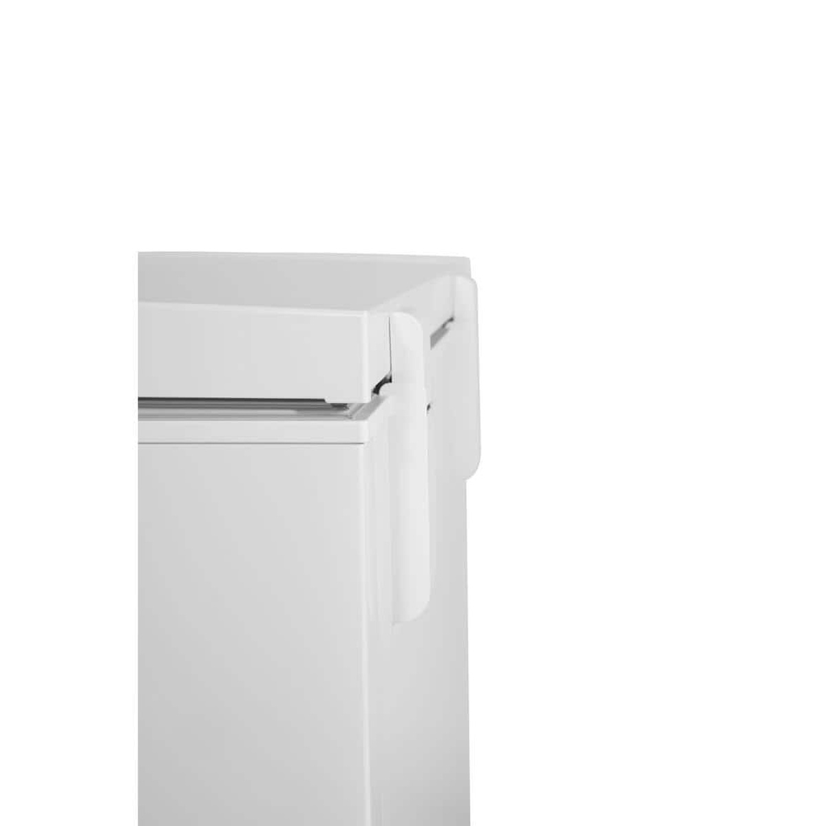 Close-up of the chest freezer's hinge detail showing sturdy, counter-balance design.