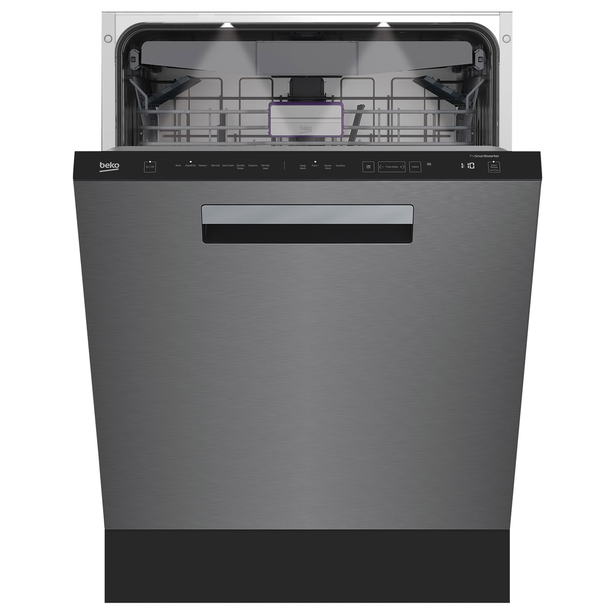 Front view of Beko stainless steel dishwasher with top controls.