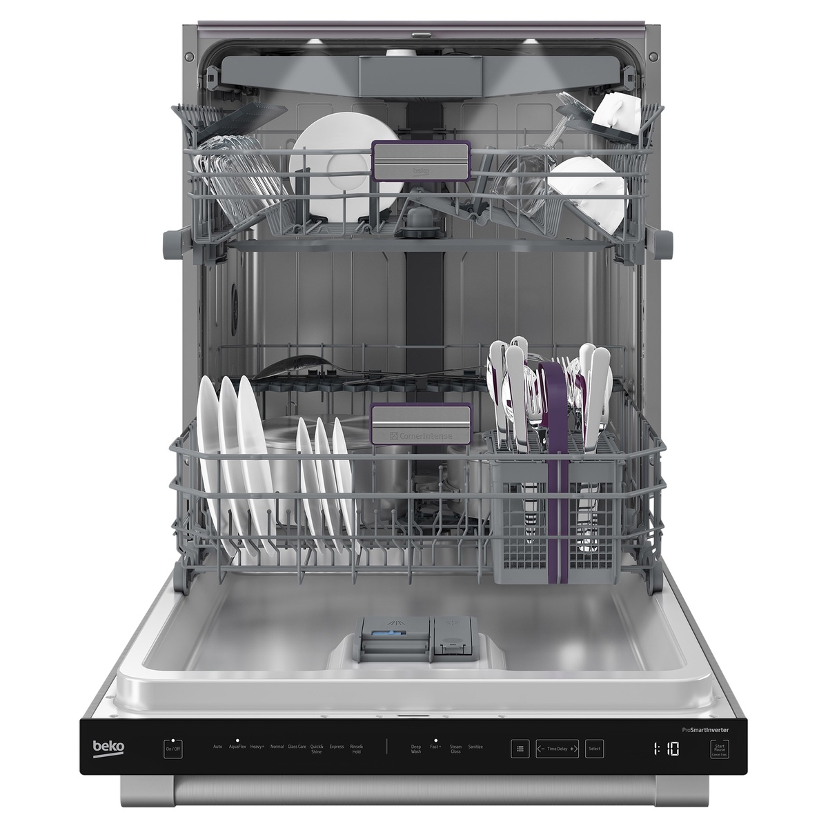 Open Beko dishwasher showing third rack, adjustable upper rack, and organized lower rack.