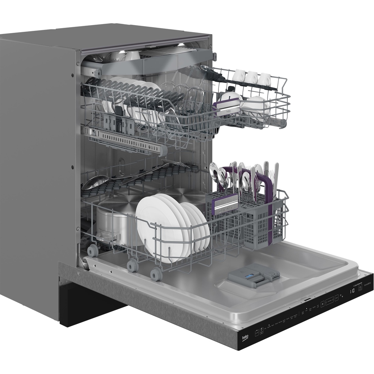 Angled interior view of dishwasher spraying areas with stainless-steel tub and racks loaded with dishes.