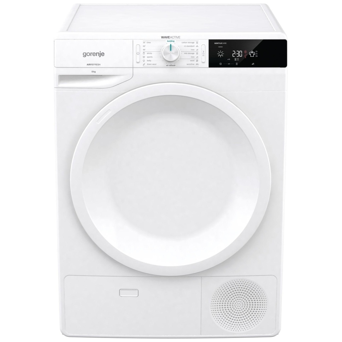 Front view of the white Gorenje DE8B freestanding condenser tumble dryer.