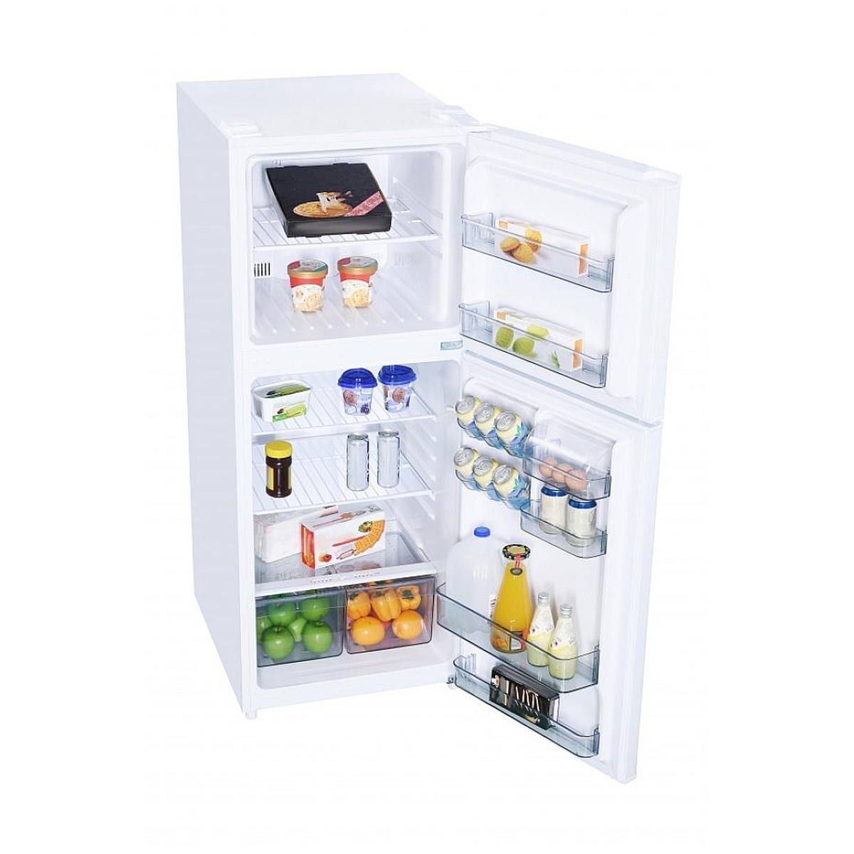 Angled view of stocked fridge with organized door storage and crispers.