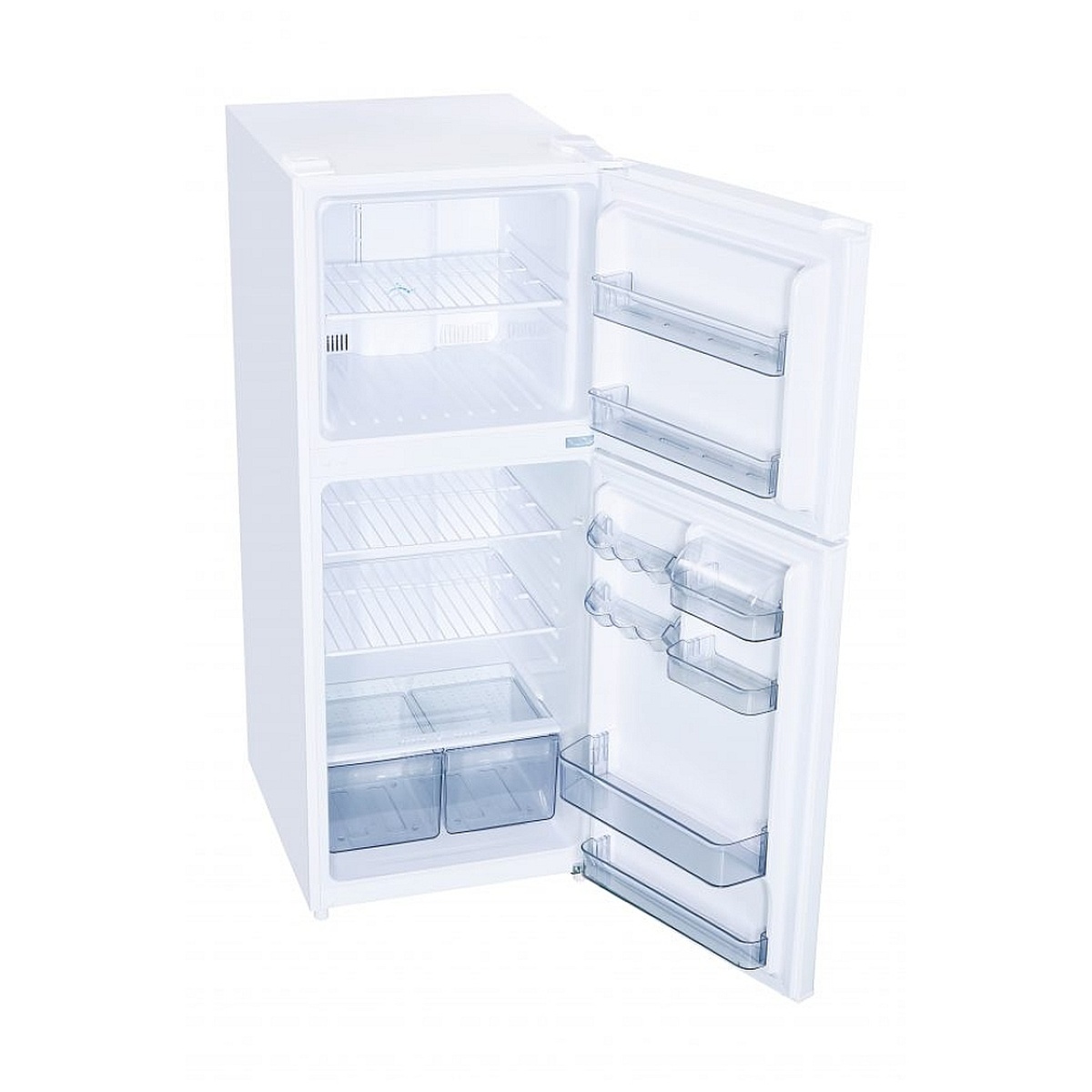 Open, empty refrigerator at an angle showing adjustable shelves and clear bins.