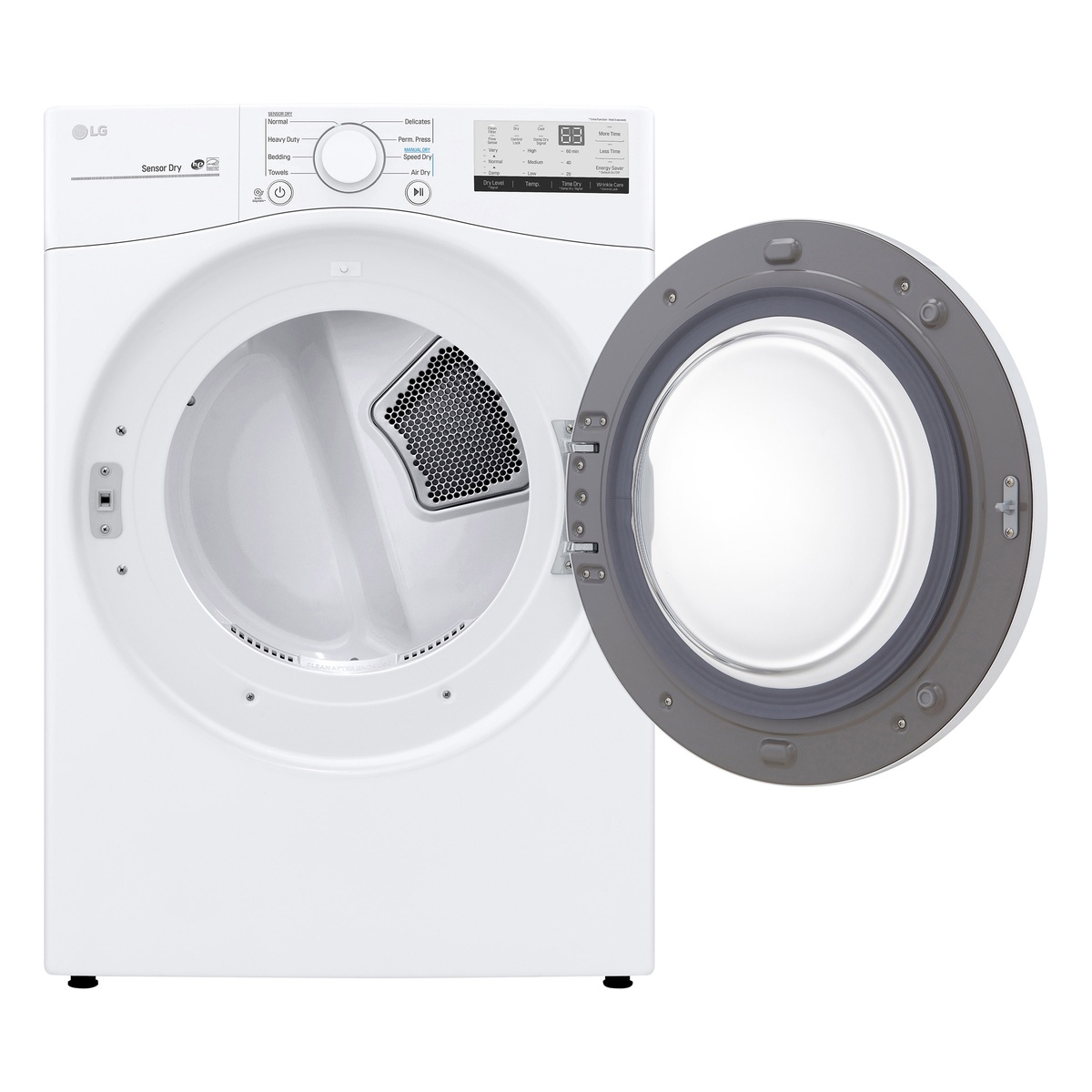LG DLE3400W dryer with door open showing spacious drum and lint filter