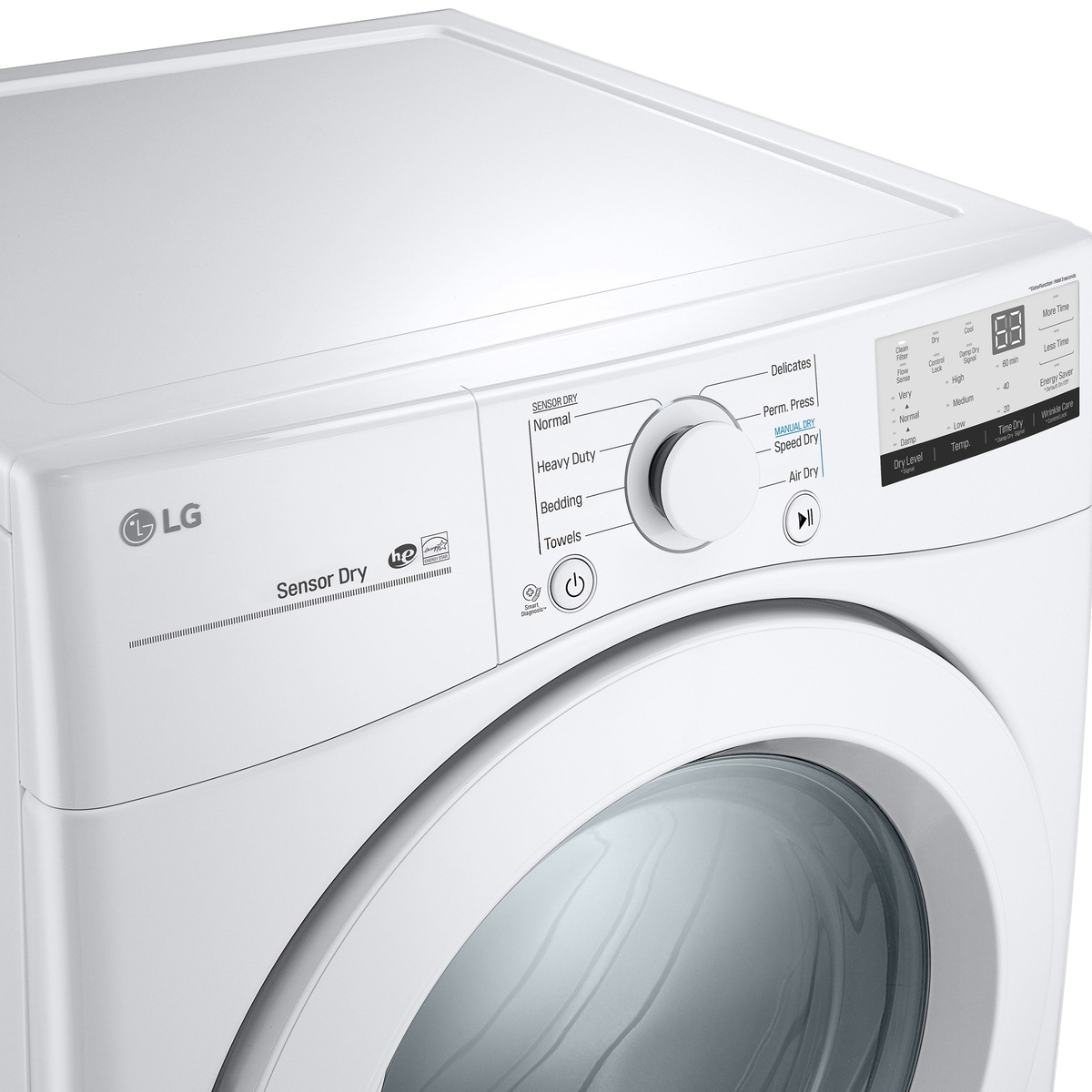 Close-up of LG DLE3400W control panel highlighting Sensor Dry dial and settings