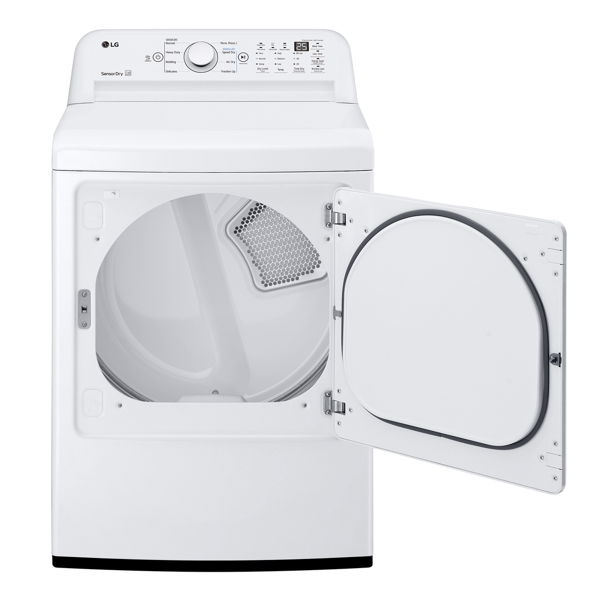 LG electric dryer interior with open door showing spacious drum and filter area