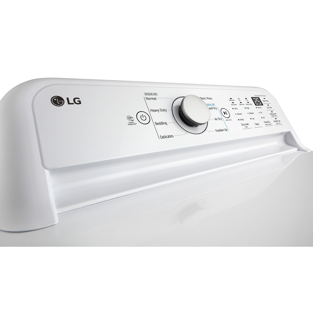 Close-up of the LG DLE7150W top control panel with central cycle knob and digital display