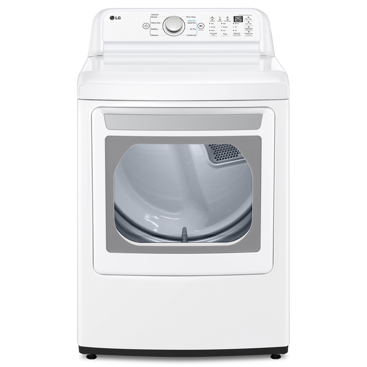 Front view of LG DLE7150W dryer with large window door and white finish