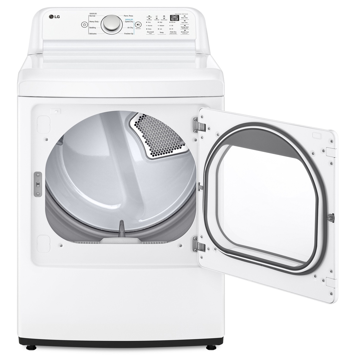 LG DLE7150W dryer with door open showing wide opening for easy loading
