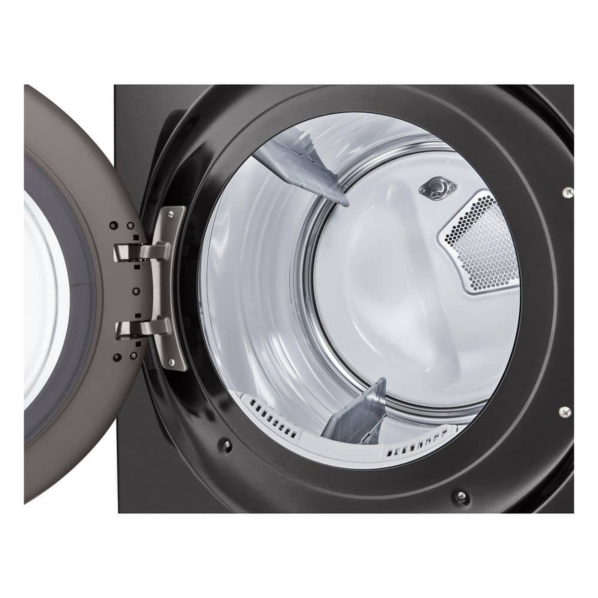 Close-up of the LG dryer's stainless steel drum and lifters with door open.