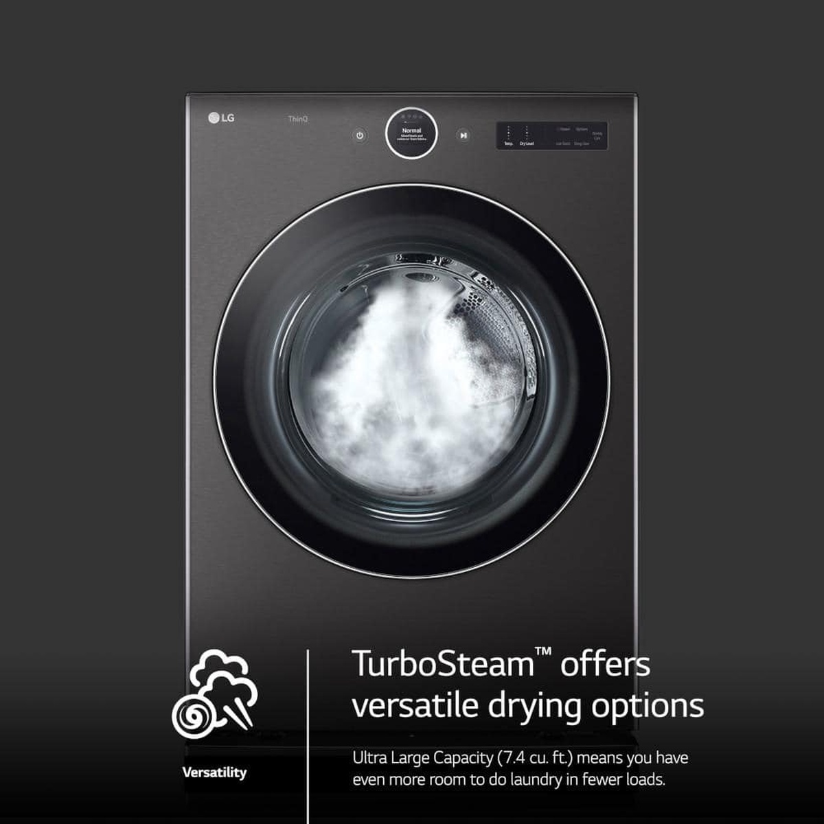 Front of LG dryer showing steam inside the drum highlighting TurboSteam feature.