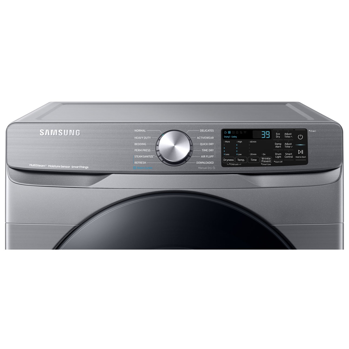 Control panel and rotary dial of Samsung dryer with cycle options and digital display
