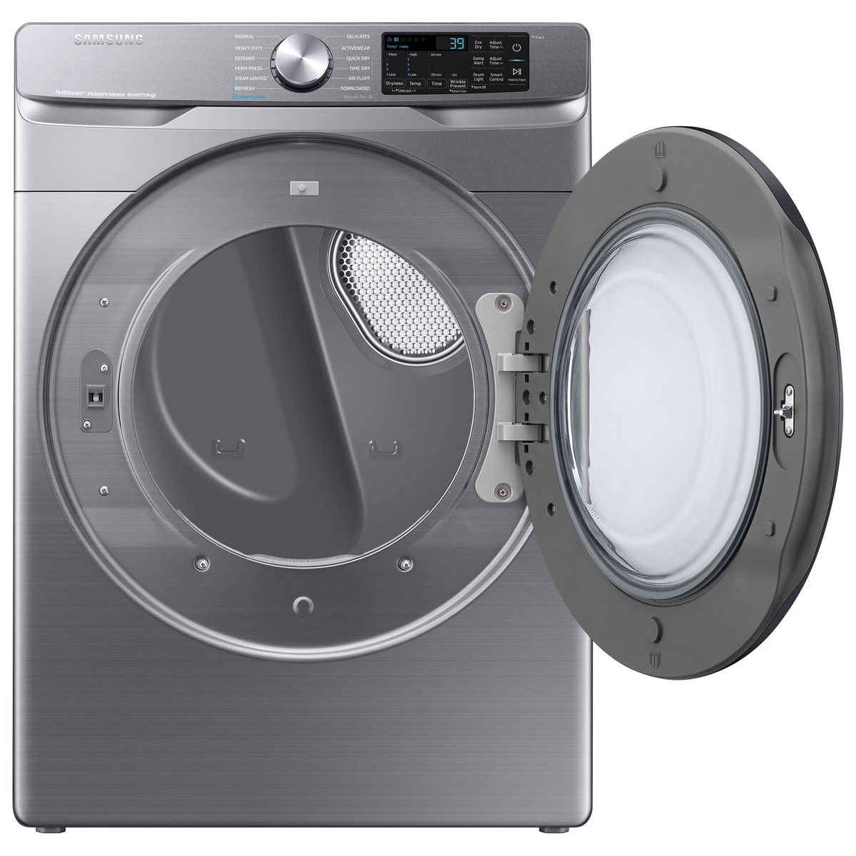 Open-door view of Samsung dryer showing spacious drum and interior light