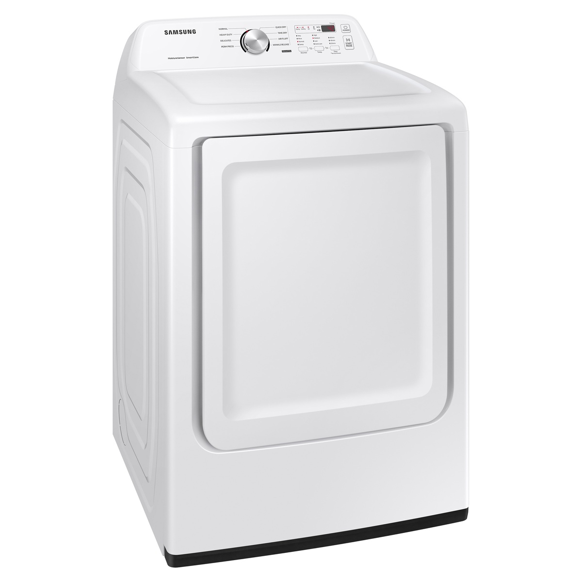 Angled front view of the Samsung white electric dryer highlighting clean design and reversible door