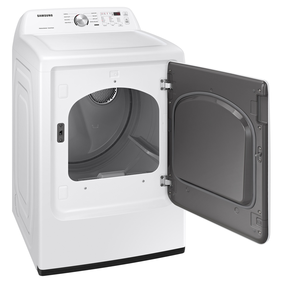 Open-door view of the Samsung 7.2 cu. ft. electric dryer showing roomy drum and lint filter area