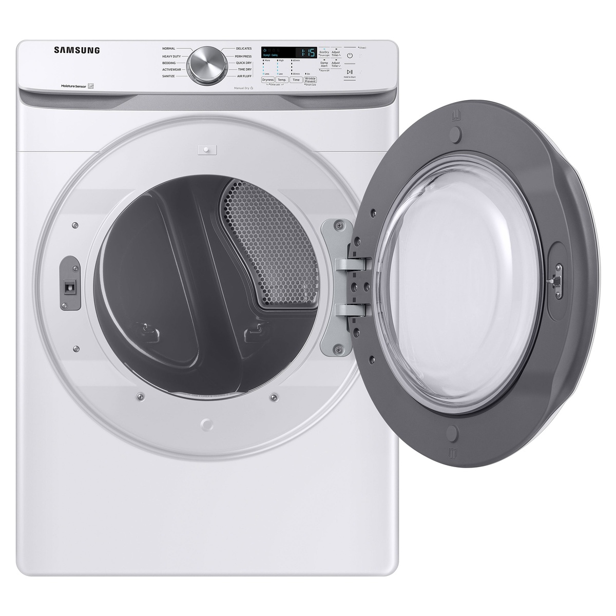 Open door view of Samsung electric dryer showing spacious drum and reversible hinge.