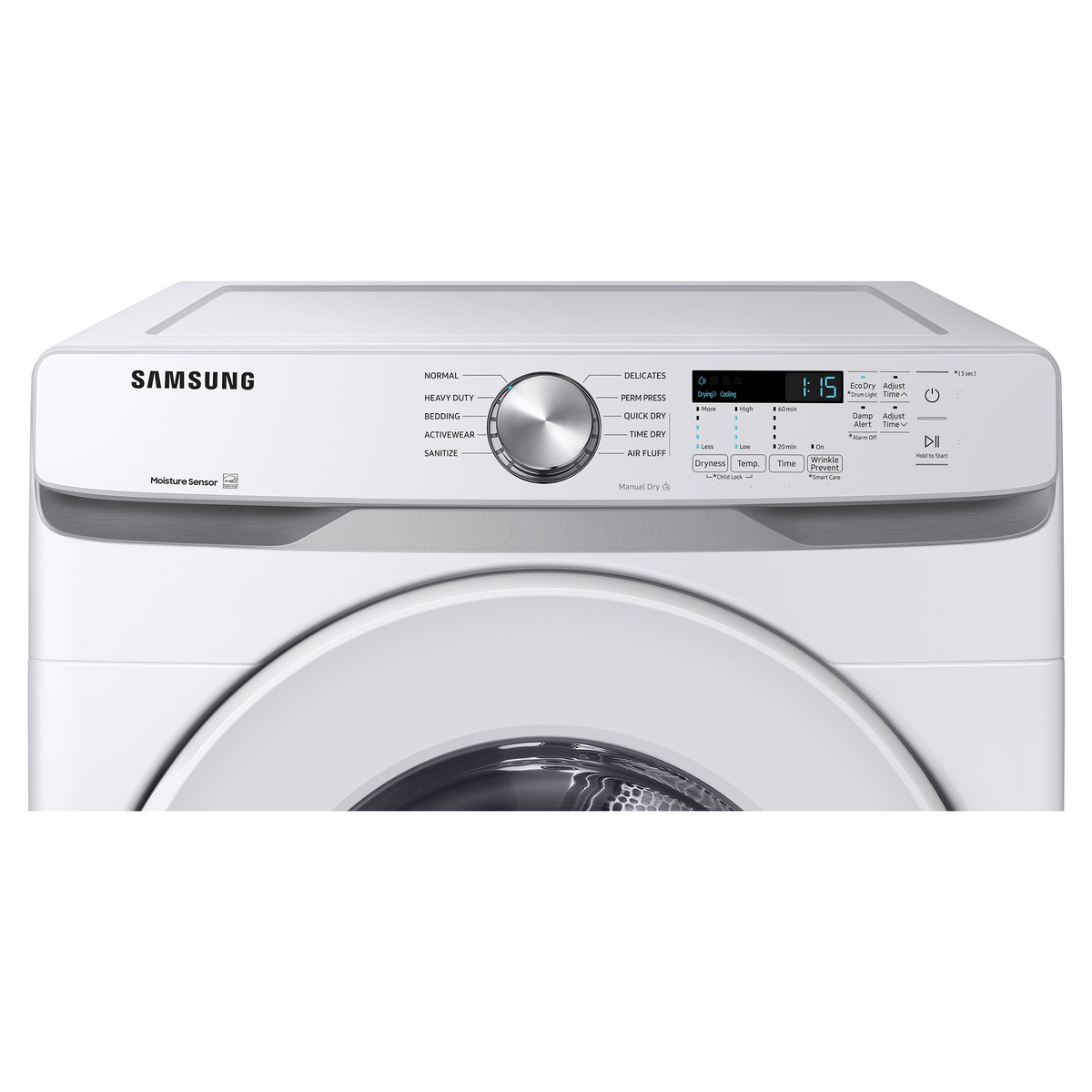 Close-up of control panel and cycle knob on the Samsung dryer.
