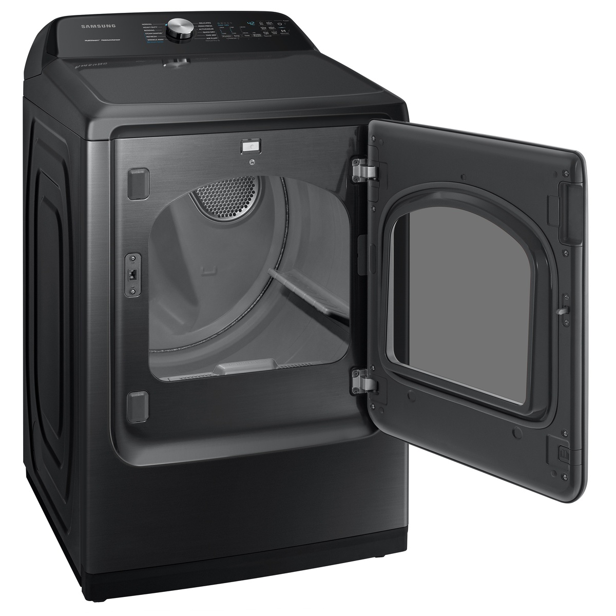 Open-door view of Samsung 7.4 cu. ft. electric dryer showing spacious drum and interior light.