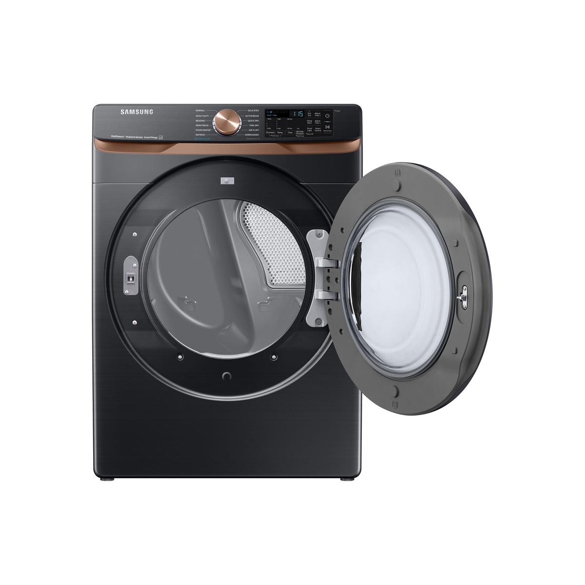 Open-door view of the Samsung 7.5 cu. ft. electric dryer showing spacious stainless steel drum