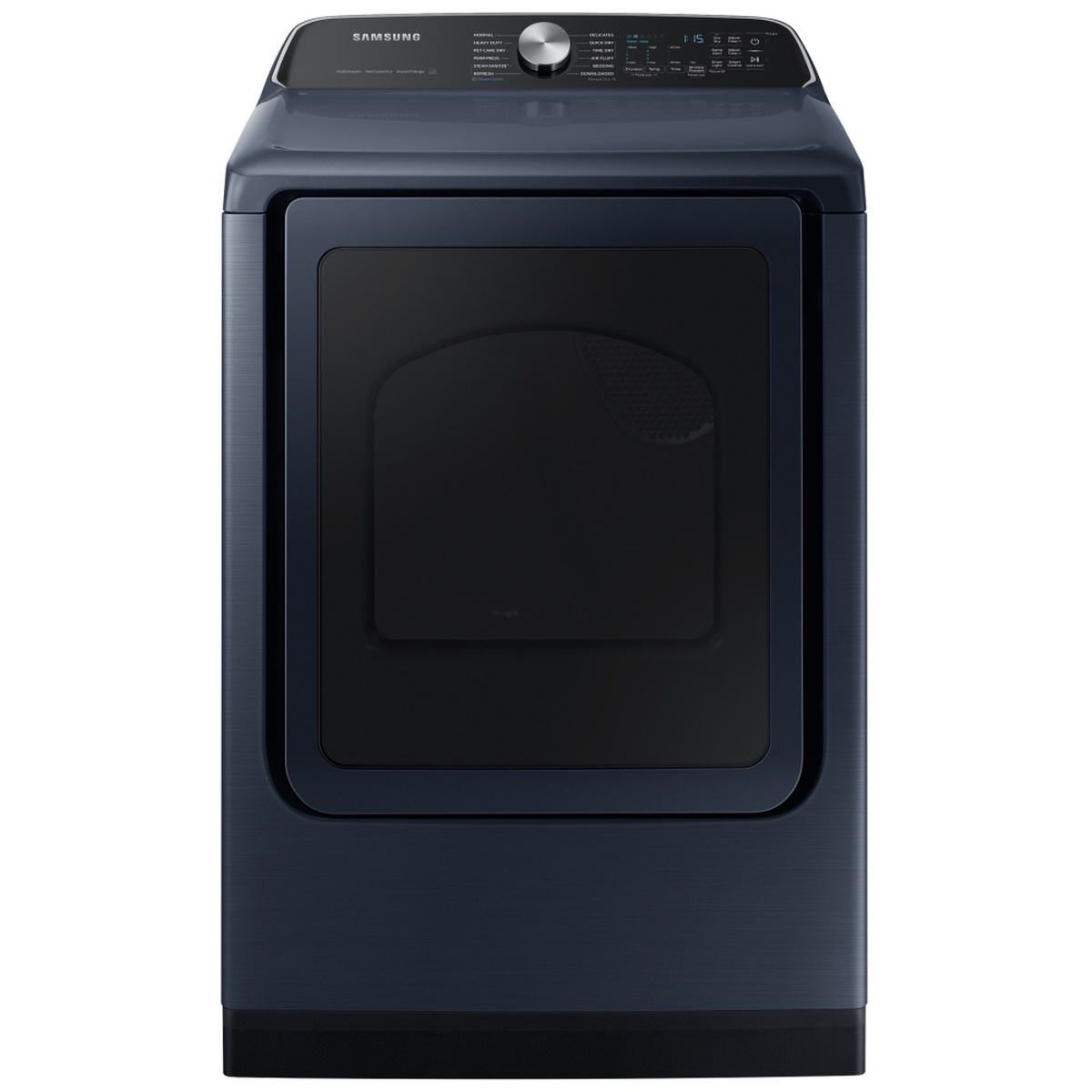 Front view of the Samsung navy electric dryer with large glass door