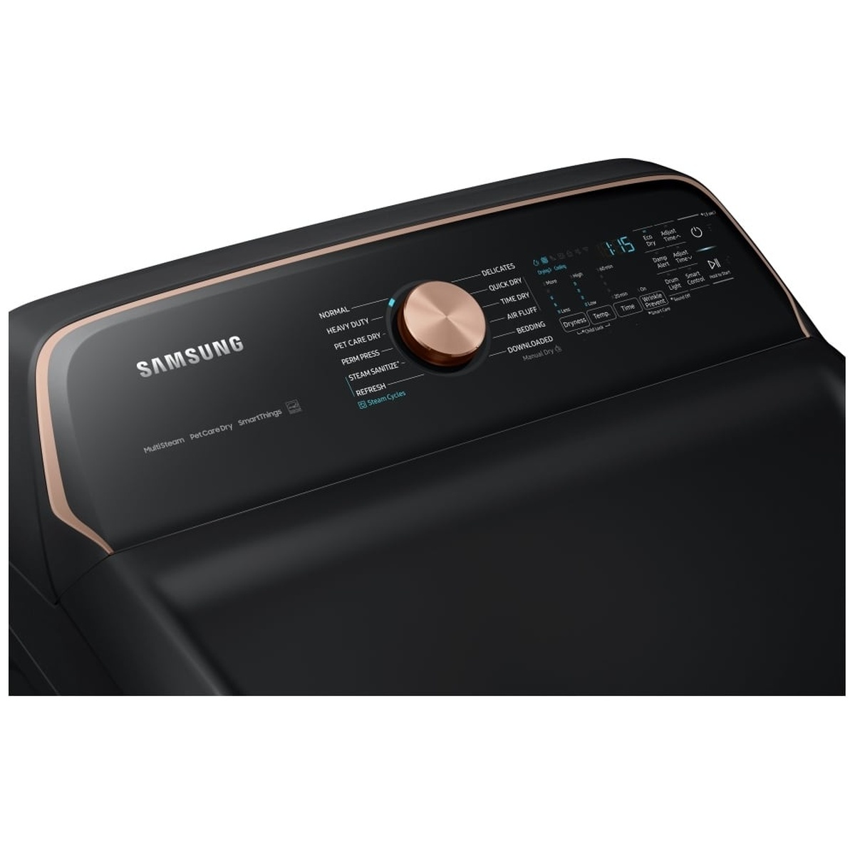 Control panel close‑up showing cycle knob and digital options on Samsung dryer