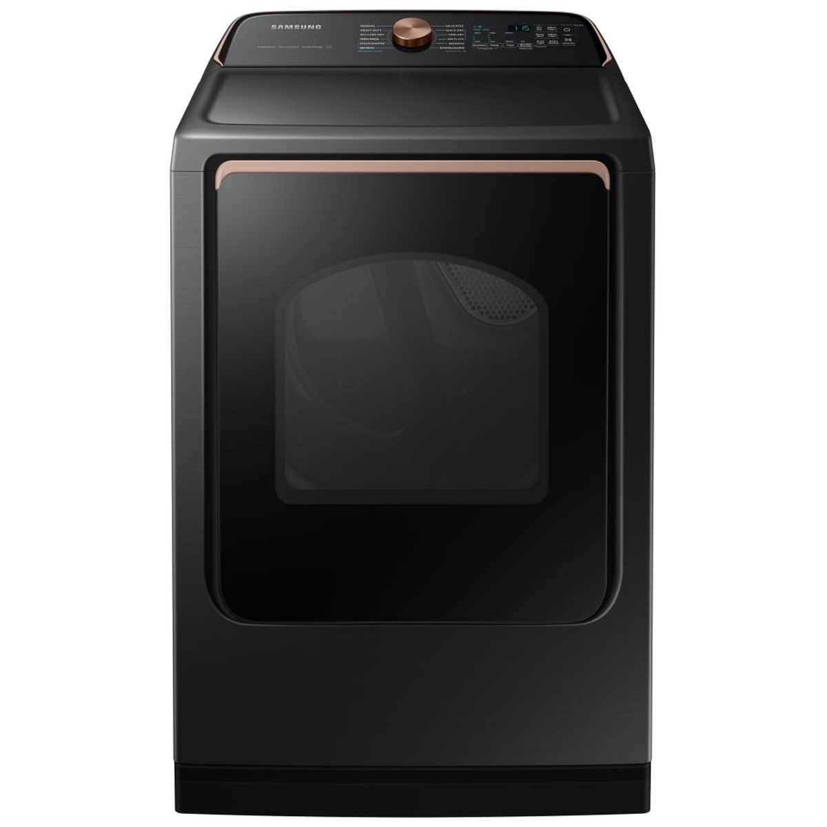 Front view of Samsung electric dryer in black stainless with glass door