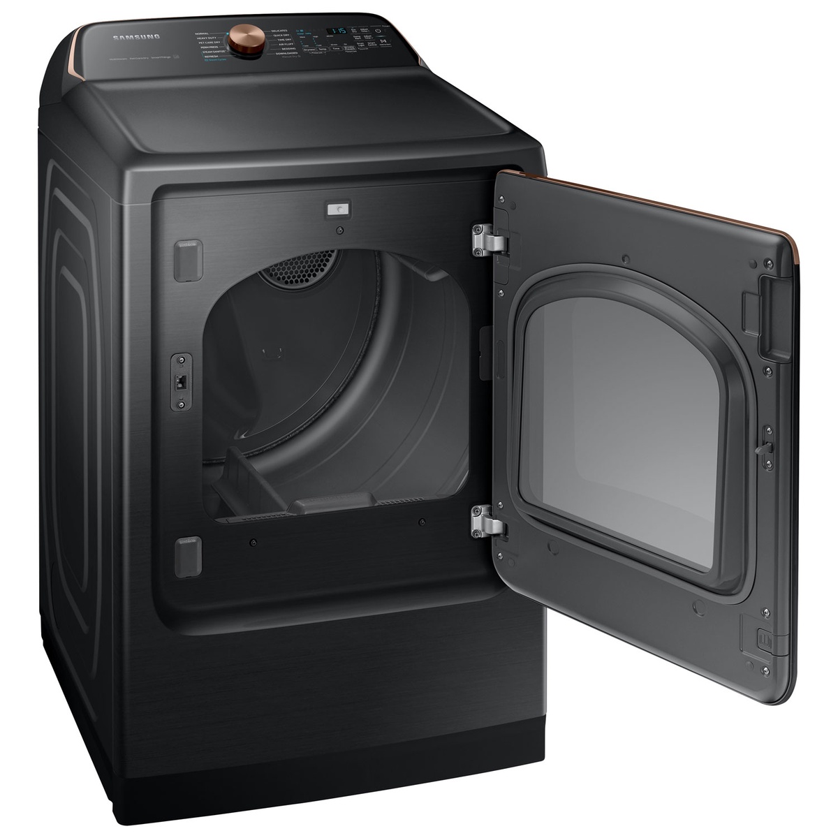 Dryer door open showing spacious stainless steel drum