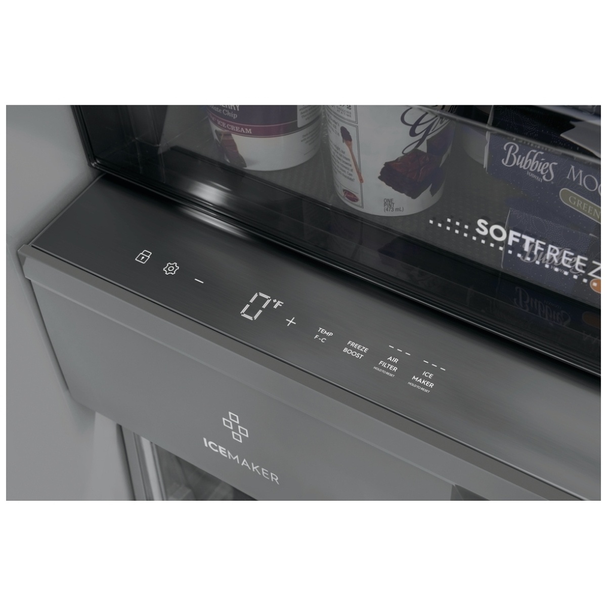 Close-up of freezer digital touch controls with temperature display and options including Freeze Boost, Air Filter and Ice Maker