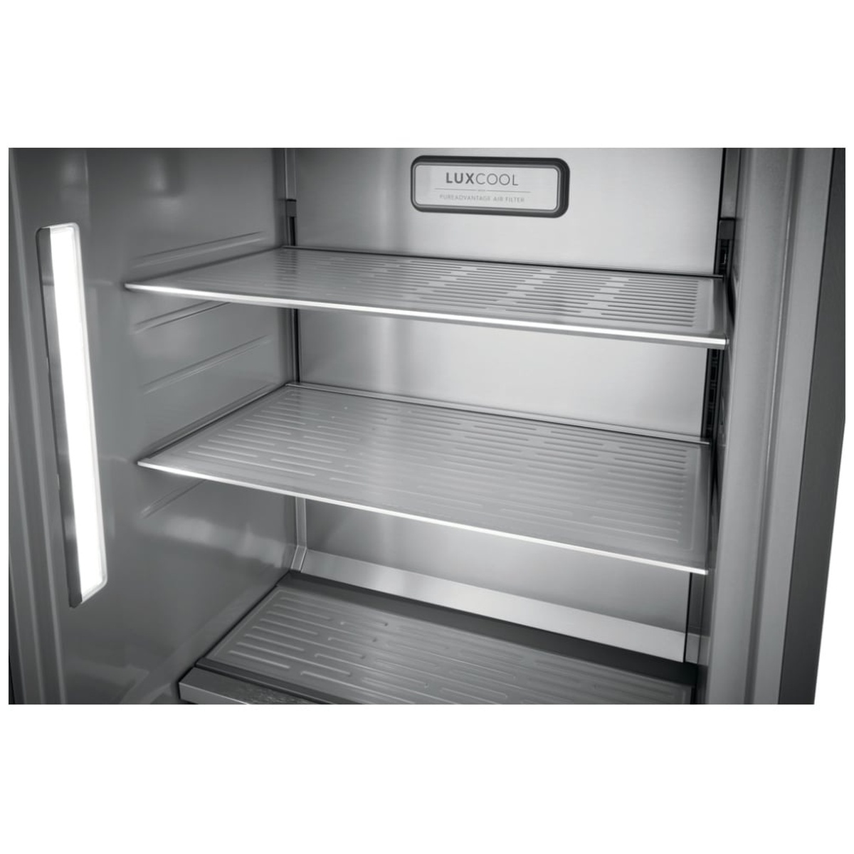 Interior close-up of sturdy full-width metal freezer shelves and vertical LED light bar