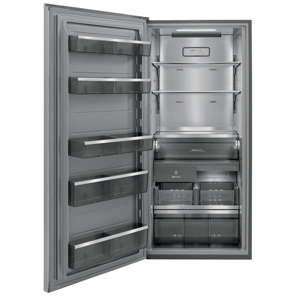 Open Electrolux upright freezer showing adjustable shelves, door bins, drawers and interior LED lighting