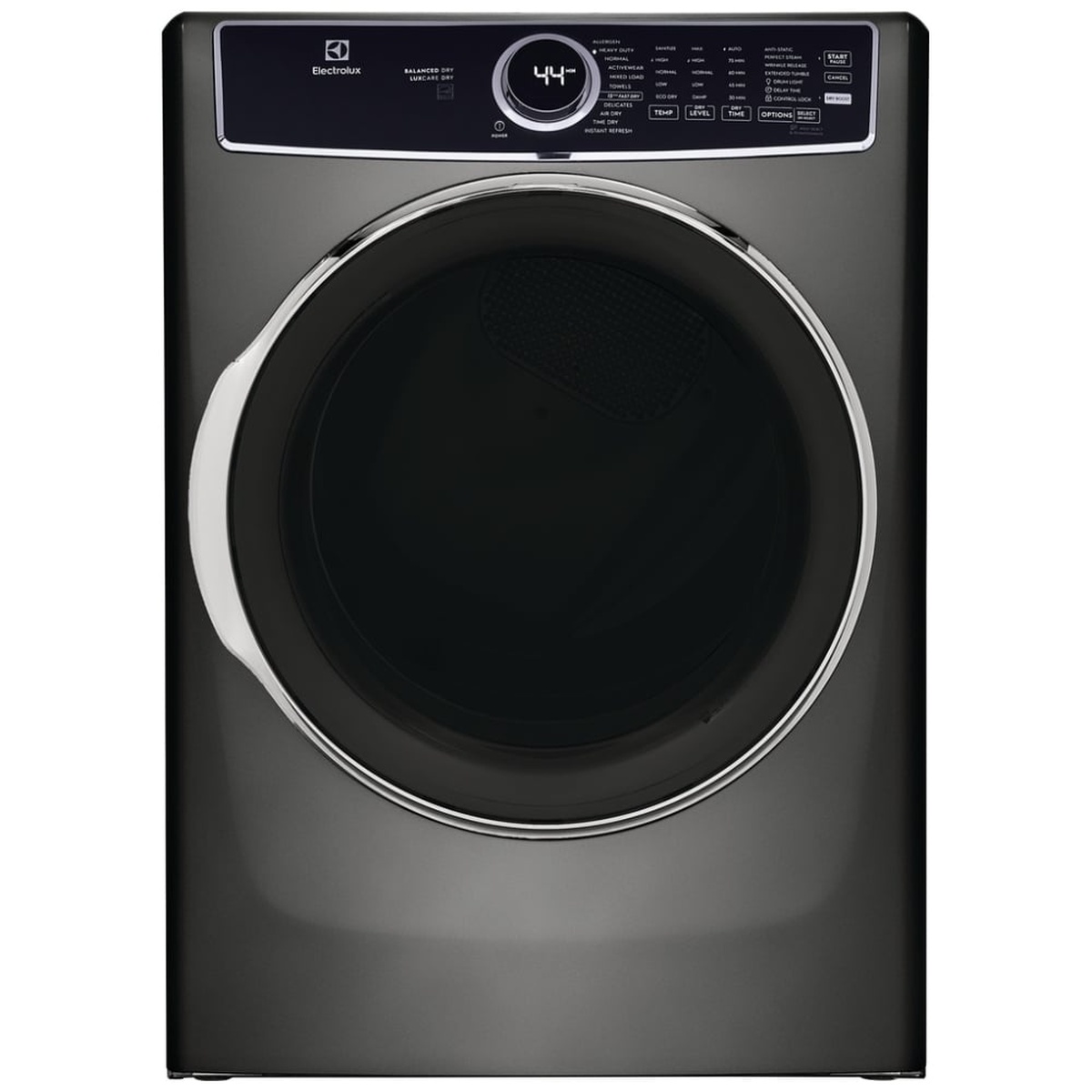 Front view of Electrolux titanium front-load electric dryer with large round door and top control panel