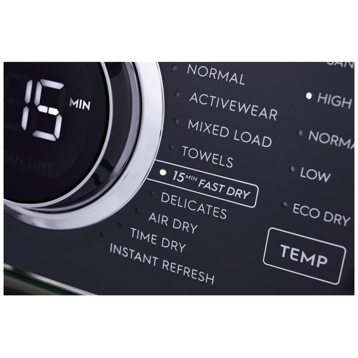 Close-up of the dryer control panel highlighting the 15-minute Fast Dry option and digital display