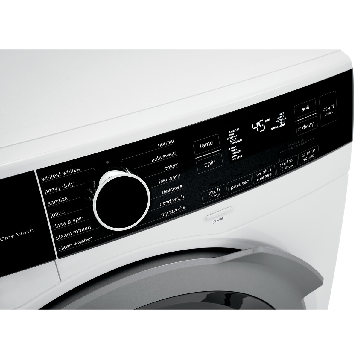Close-up of Electrolux control panel showing cycles like sanitize, steam refresh, delicates and fast wash