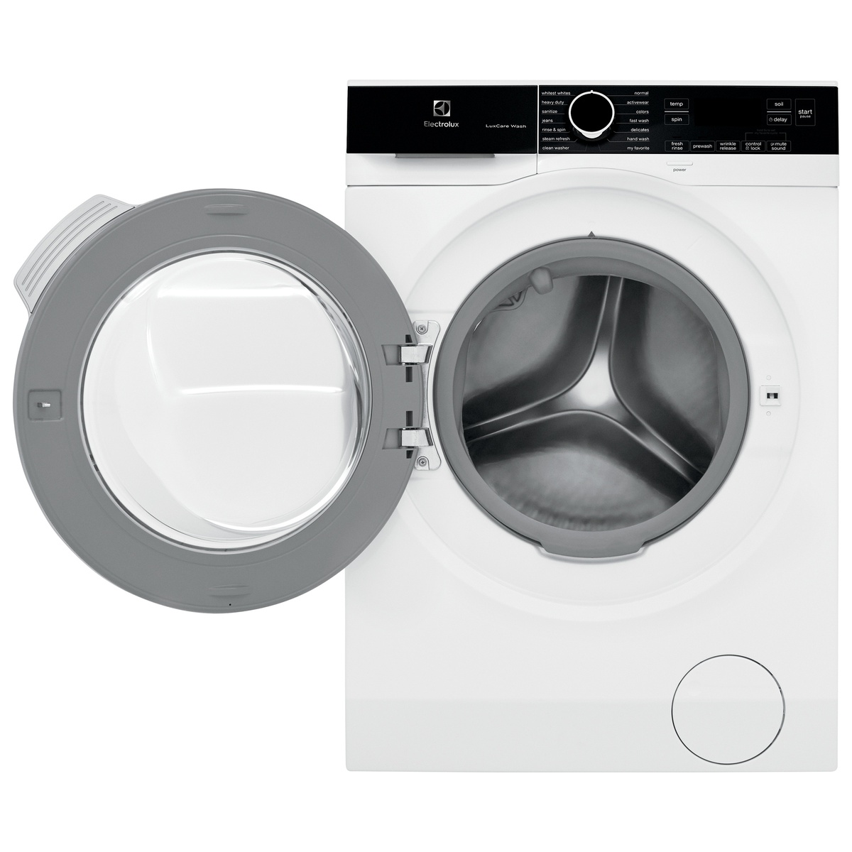 Washer door open showing stainless steel drum and wide opening