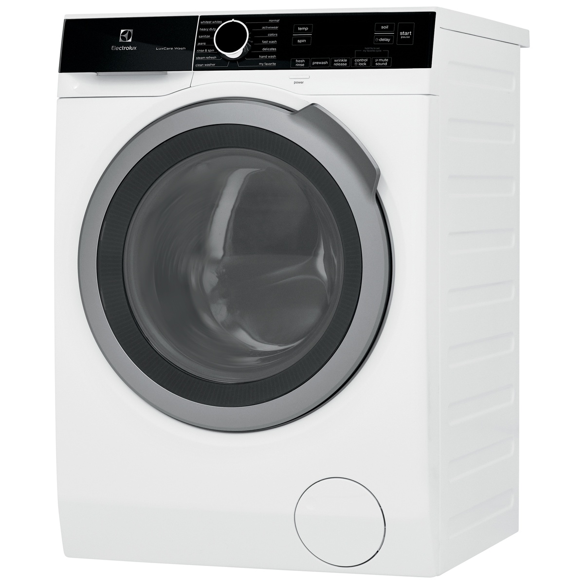Angled view of Electrolux compact front-load washer in white with gray door trim