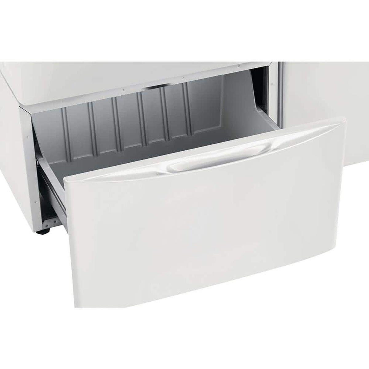 Open pedestal drawer showing roomy metal interior for laundry storage