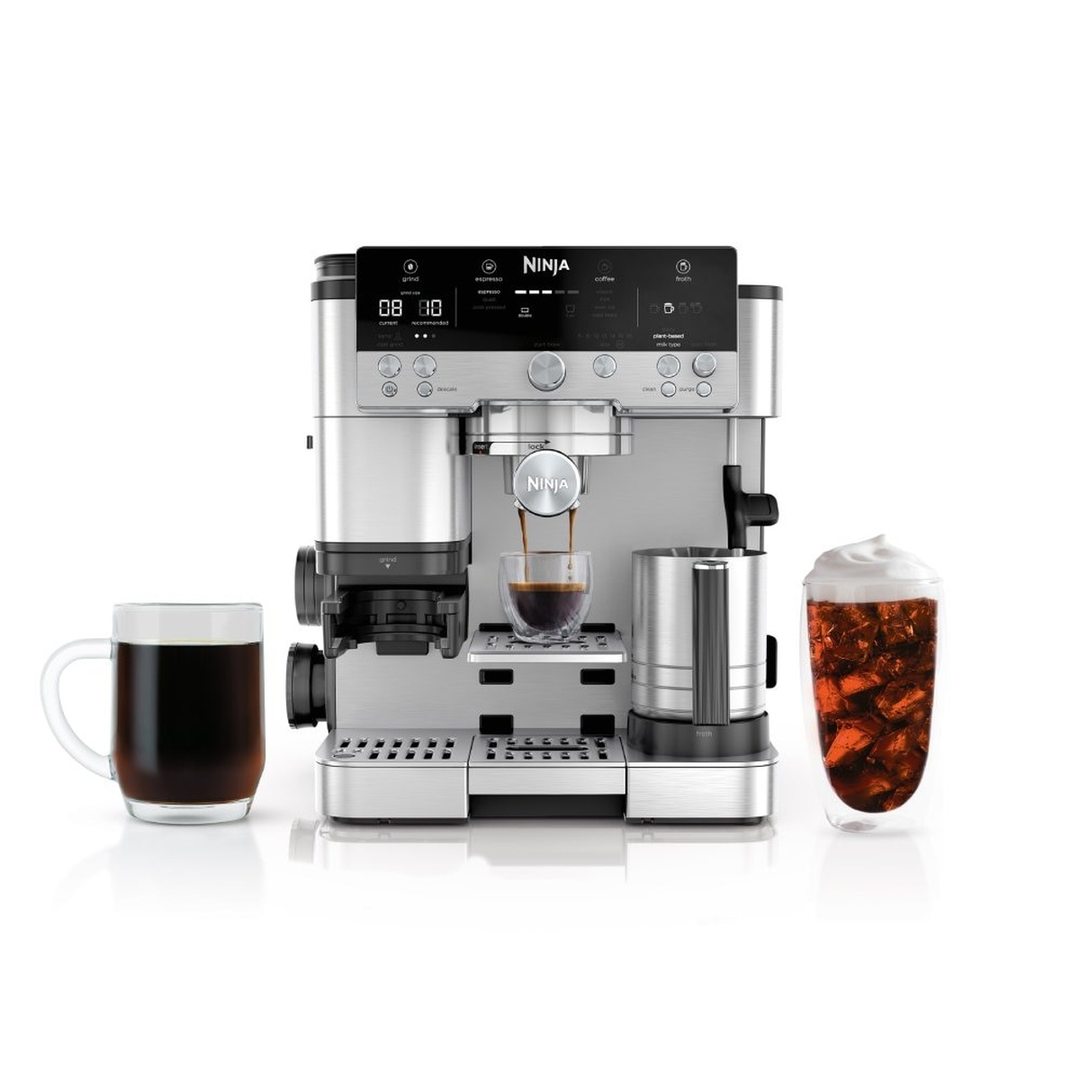 Ninja ES601C brewing espresso with hot coffee mug and iced cold brew glass beside the machine