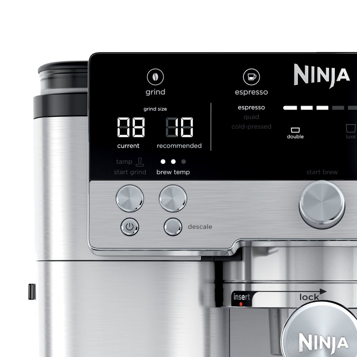 Close-up of Ninja ES601C control panel showing grind size guidance and brew controls