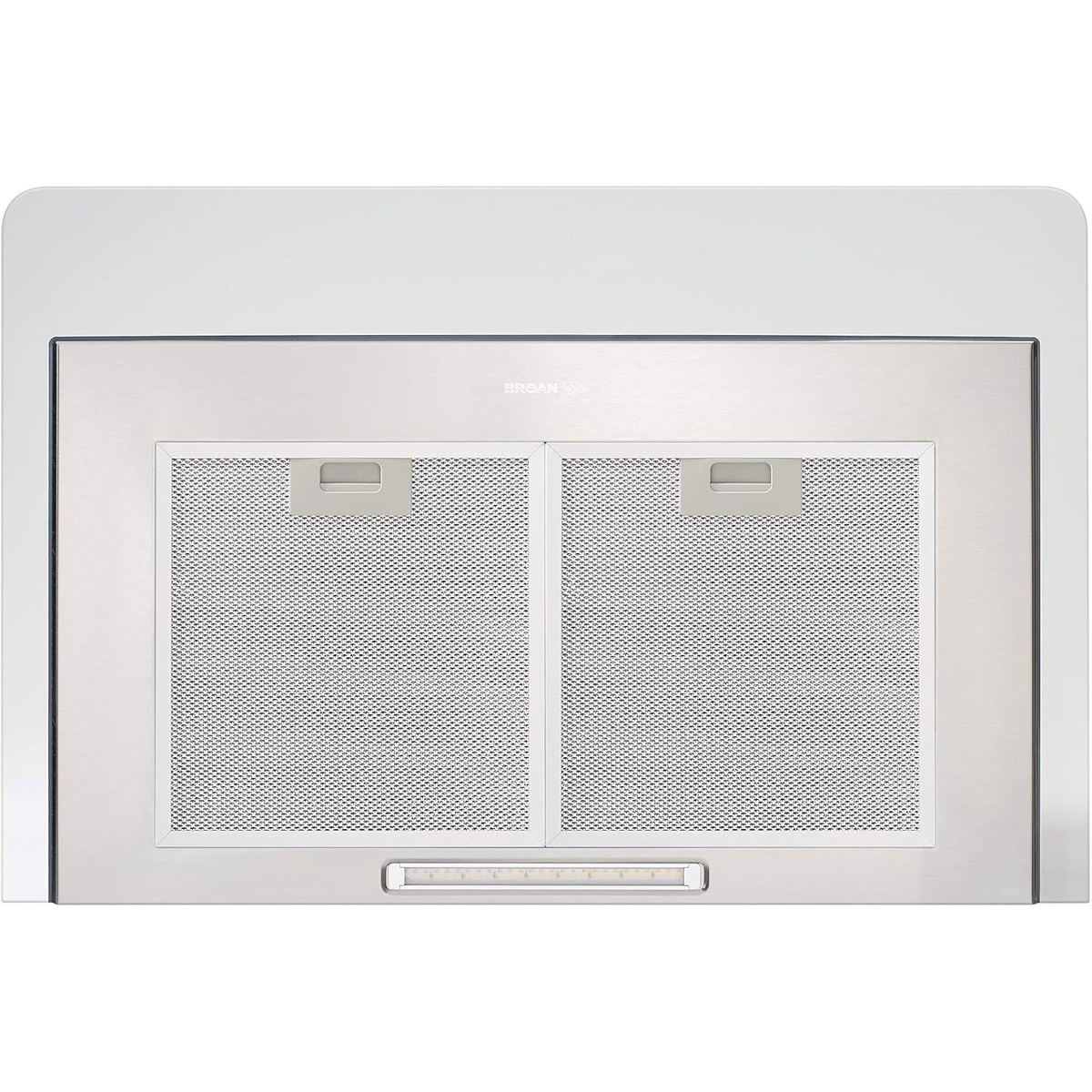 Underside view showing two aluminum mesh filters with quick-release latches.