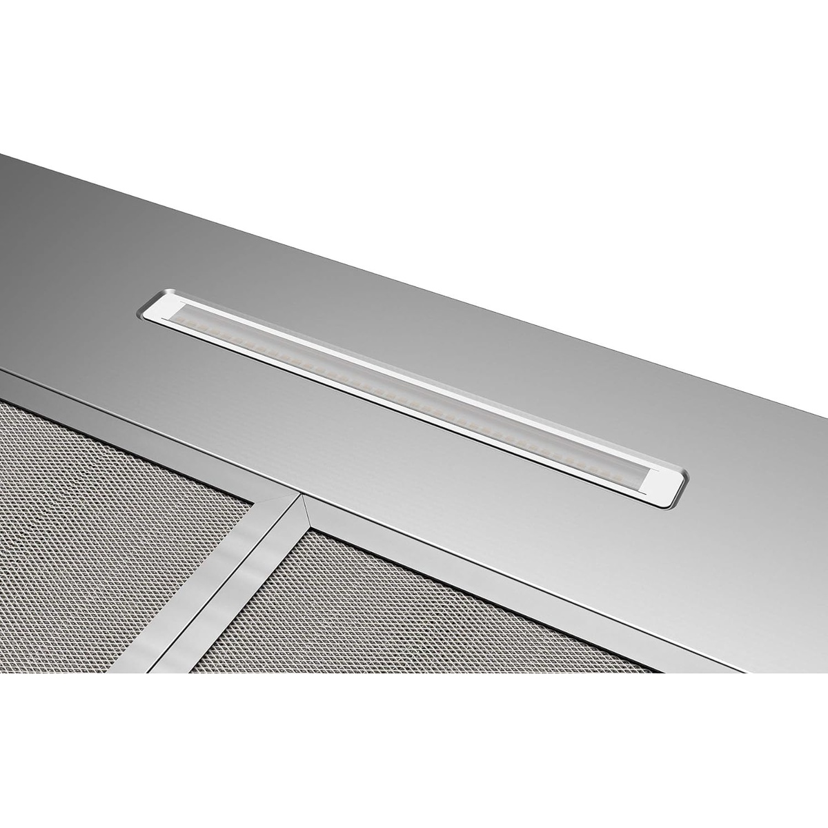 Close-up of the linear LED light bar beneath the range hood.