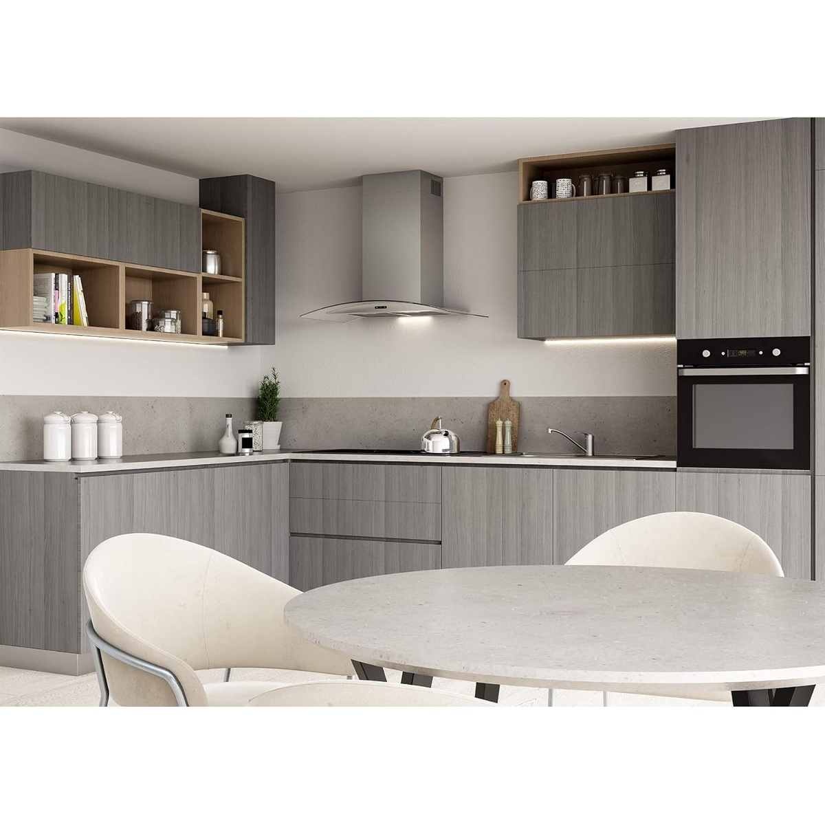 Range hood installed in a modern grey kitchen with curved glass canopy.