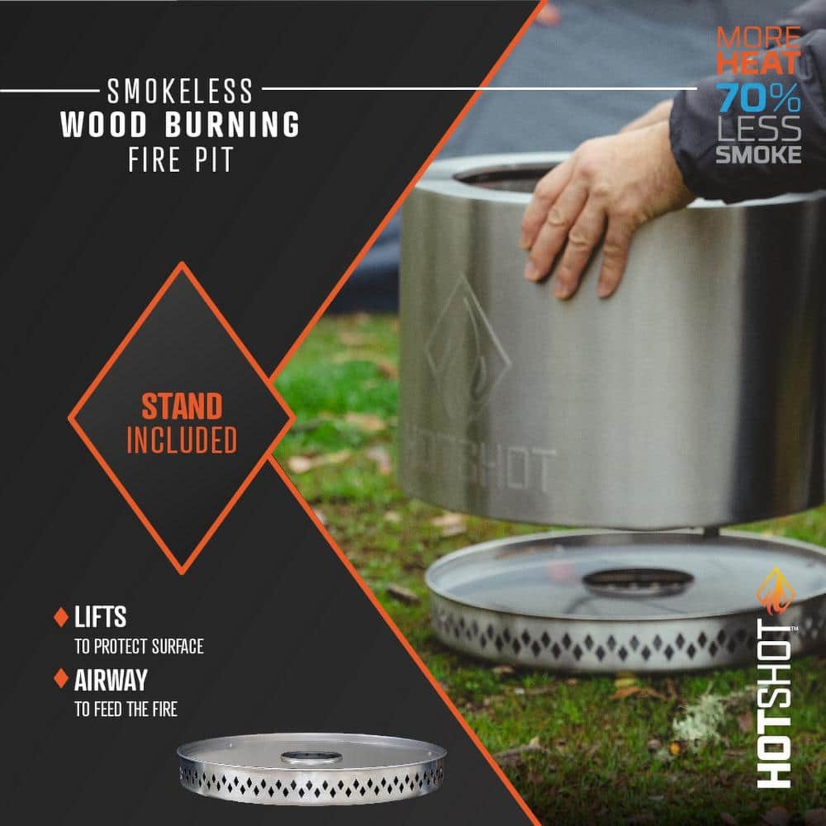 Included stand shown lifting the fire pit to protect the ground and feed airflow