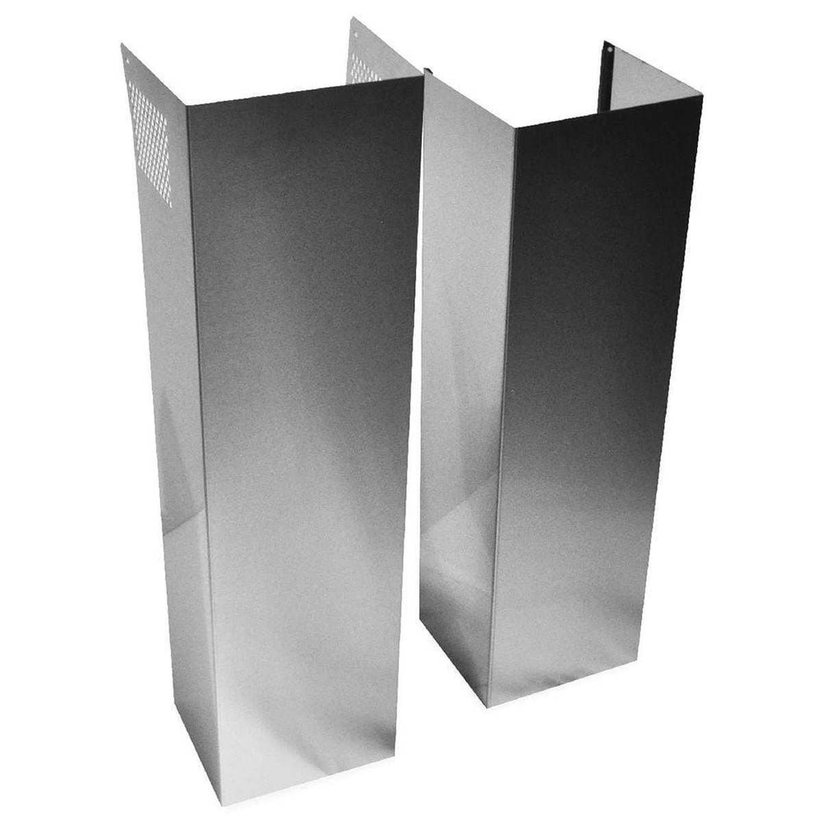 Two stainless steel chimney extension sleeves for wall-mounted range hoods