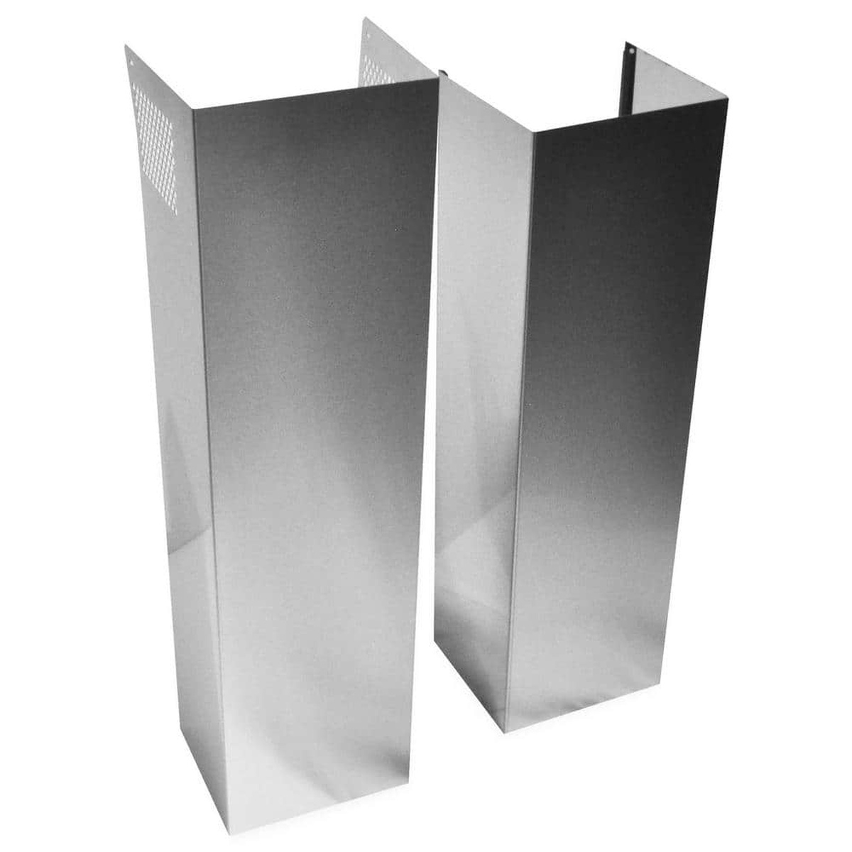 Two-piece stainless steel wall hood chimney extension kit.