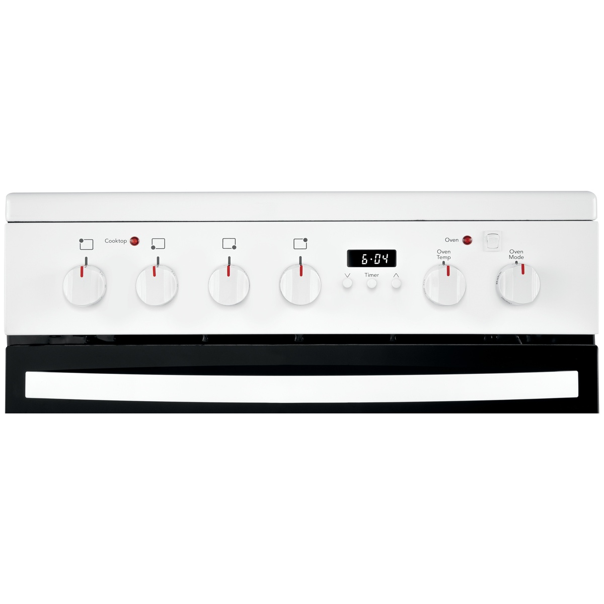Front-control knobs, timer display, and oven settings on the range control panel